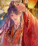  1boy absurdres aegyo_sal alternate_hair_length_(longer) blush chinese_clothes hanfu headband highres hualushui long_hair long_sleeves looking_at_viewer love_and_deepspace male_focus official_alternate_costume open_mouth purple_eyes rafayel_(love_and_deepspace) red_hanfu smile solo upper_body very_long_hair watermark weibo_watermark wide_sleeves 