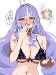  1girl abs absurdres ahoge alternate_costume aroused_nosebleed bikini black_bikini blood blush bow bow_bikini breasts choker commentary frilled_bikini frills hand_to_own_mouth heart heart-shaped_pupils highres large_breasts long_hair looking_at_viewer navel nose_blush nosebleed open_mouth pointy_ears purple_choker purple_hair purple_nails red_eyes showtime775 simple_background solo speech_bubble stomach swimsuit symbol-shaped_pupils teeth translation_request upper_body upper_teeth_only vivian_banshee white_background zenless_zone_zero 