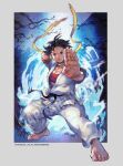 1girl attacking_viewer barefoot belt black_belt black_hair border breasts brown_eyes choker cleavage clenched_hand clenched_hands closed_mouth commentary company_name copyright_notice dougi english_commentary feet fighting_stance full_body grey_border karate_gi looking_at_viewer makoto_(street_fighter) martial_arts_belt medium_breasts mixed-language_commentary moyuku_kamimoku outside_border pants red_sports_bra ribbon ribbon_choker serious short_hair solo sports_bra street_fighter street_fighter_6 toenails toes tomboy underwear watermark white_border white_pants yellow_choker yellow_ribbon 