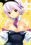  absurdres animal_ears bare_shoulders between_breasts breasts bunny_ears bunnysuit copyright_request elbow_gloves face gloves hands highres koutaro large_breasts navel necktie nipples pantyhose purple_hair red_eyes scan shirt_pull solo 