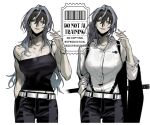  1girl belt black_camisole black_hair black_pants breasts camisole cigarette collarbone collared_shirt commentary_request cowboy_shot dual_persona eureka_5555 grey_hair hair_between_eyes highres holding holding_cigarette multicolored_hair original pants shirt smoking strap_slip suspenders two-tone_hair white_background white_belt white_shirt yellow_eyes 