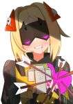  1girl arrow_(projectile) black_shrug blindfold_mask blonde_hair blush commentary_request covered_eyes hair_ornament heart highres looking_at_viewer mask rami_(rmtt588) shrug_(clothing) smile solo triangle_hair_ornament trigger_(zenless_zone_zero) upper_body white_background zenless_zone_zero 