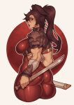  1girl absurdres animal_ears armor back bodysuit breasts brown_hair cosplay cowboy_shot cropped_legs eyes_flare highres holding holding_sword holding_weapon large_breasts milka01477 muscular muscular_female original ponytail profile rabbit_ears rabbit_girl red_bodysuit reverse_grip sheath short_sword shoulder_armor soulcalibur standing sword taki_(soulcalibur) taki_(soulcalibur)_(cosplay) twisted_torso weapon white_background 