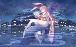  1girl absurdres alternate_eye_color animal_ears breasts closed_mouth commentary fox_ears full_body highres honkai_(series) honkai_impact_3rd japanese_clothes kimono long_hair medium_breasts night okobo outdoors petals pink_eyes pink_hair platform_sandals sandals solo thighhighs uchikake white_kimono white_thighhighs yae_sakura yae_sakura_(gyakushinn_miko) yae_sakura_(sublime_lotus) yichuanxue 