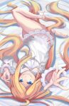  1girl absurdres ahoge bed_sheet blonde_hair blue_eyes dress feet grin highres iasteral_(ellumi) long_hair long_sleeves lying nail_polish on_back re:zero_kara_hajimeru_isekai_seikatsu rui_arneb self-upload sharp_teeth smile solo teeth toeless_legwear toenail_polish toenails toes very_long_hair white_dress 