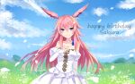  1girl absurdres animal_ears blue_sky breasts bride character_name chinese_commentary choker closed_mouth cloud cloudy_sky commentary_request day detached_sleeves dress field flower flower_field fox_ears grass happy_birthday highres honkai_(series) honkai_impact_3rd huijiang_monster long_hair looking_at_viewer medium_breasts outdoors petals pink_hair purple_eyes sky smile solo white_choker white_dress white_sleeves yae_sakura 