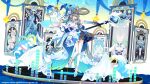  1girl asymmetrical_gloves asymmetrical_legwear bare_shoulders blue_dress blue_gloves blue_hat card chinese_commentary commentary_request dress full_body gloves green_eyes grey_hair hair_ornament hair_rings hat high_heels highres holding holding_staff ideolo long_hair looking_at_viewer luo_tianyi mismatched_gloves mismatched_legwear open_mouth smile solo staff thighhighs two-tone_dress vocaloid vsinger_(vocaloid) white_dress white_gloves white_thighhighs witch_hat 