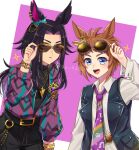  2girls adjusting_eyewear animal_ears biko_pegasus_(choi_waru_hero_kenzan!)_(umamusume) biko_pegasus_(umamusume) black_hair black_pants black_shirt black_vest blue_eyes blush bracelet brown-tinted_eyewear brown_hair collared_shirt commentary eyewear_on_head fenomeno_(gouki_naru_shien)_(umamusume) fenomeno_(umamusume) flipped_hair hair_ornament highres horse_ears horse_girl jacket jewelry long_hair long_sleeves looking_at_viewer multicolored_hair multiple_girls necklace necktie official_alternate_costume open_clothes open_jacket open_mouth pants purple_eyes purple_hair purple_necktie round_eyewear sa_420 shirt short_hair smile teeth tinted_eyewear umamusume untranslatable_commentary upper_teeth_only vest white_shirt wing_hair_ornament 