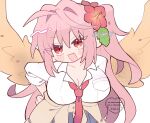  1girl black_skirt blush bracelet breasts cleavage clothes_around_waist collared_shirt commentary_request fate/grand_order fate_(series) flower hair_flower hair_intakes hair_ornament half_updo highres ikura_(sugar_ps) jewelry large_breasts long_hair looking_at_viewer necktie open_mouth pink_hair red_eyes school_uniform shirt skirt sleeves_rolled_up smile solo sweater sweater_around_waist twitter_username verdandi_(fate) white_shirt white_sweater wings 