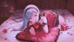  1girl apple bare_shoulders bed black_choker black_gloves black_hairband blue_eyes blue_hair book box choker collarbone colorful_palette dot_nose dress expressionless feet_out_of_frame flower food frilled_gloves frills fruit game_asset gloves hairband hand_on_own_face highres hinomori_shizuku holding holding_food holding_fruit indoors lace lace-trimmed_dress lace-trimmed_hairband lace_choker lace_trim lamp long_hair looking_at_viewer off-shoulder_dress off_shoulder official_alternate_costume official_alternate_hairstyle official_art open_mouth petals pillow pink_dress polka_dot polka_dot_dress polka_dot_pillow project_sekai red_dress red_flower red_petals red_rose romeo_to_cinderella_(vocaloid) rose solo swept_bangs third-party_source 