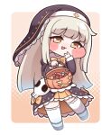 1girl black_shoes black_skirt blonde_hair bow candy chibi commentary_request food frills full_body gradient_hair halloween_bucket highres long_hair looking_at_viewer mask multicolored_hair nun nun_headdress orange_bow orange_eyes orange_skirt shoes simple_background skirt skull_mask smug solo speaki_(trickcal) suwa_yasai thighhighs trickcal white_thighhighs 