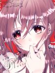  1girl blush bow brown_eyes brown_hair closed_mouth commentary_request commission frilled_bow frilled_hair_tubes frills hair_bow hair_tubes hakurei_reimu hatori long_hair looking_at_viewer portrait red_bow skeb_commission solo touhou watermark 