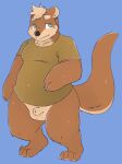 4_toes animal_genitalia anthro balls belly blue_background bottomless brown_body brown_fur claws clothed clothing eyebrows feet fingers fur genitals green_eyes hair hi_res male mammal multicolored_body multicolored_fur mustelid nozomi_tao otter overweight overweight_anthro overweight_male sheath shirt simple_background solo standing tail tan_balls tan_eyebrows tan_hair tan_sheath toes topwear topwear_only white_claws