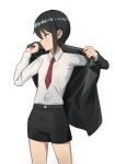  1girl akts625 aqua_eyes black_hair black_jacket black_shorts collared_shirt commentary cowboy_shot english_commentary highres jacket kino_(kino_no_tabi) kino_no_tabi long_sleeves looking_to_the_side necktie putting_on_jacket red_necktie shirt short_hair short_shorts shorts simple_background solo white_background white_shirt 