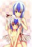  bad_id bad_pixiv_id bathing blue_hair blush brown_eyes censored convenient_censoring embarrassed flat_chest head_wings hinami_(hinatamizu) horns kamishirasawa_keine long_hair multicolored_hair multiple_girls nude red_eyes short_hair single_head_wing smile tokiko_(touhou) touhou two-tone_hair v_arms 