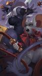  2girls absurdres animal_ears black_fur black_vest blue_eyes body_fur bottomless breasts buck_teeth coat commentary crossover flail furry furry_female genre_connection highres holding holding_flail holding_weapon horns large_breasts mina_the_hollower mina_the_hollower_(game) mouse_ears mouse_girl multiple_girls open_mouth outfit_connection pajamaham pseudoregalia red_coat red_vest species_connection sybil_(pseudoregalia) tail teeth untranslatable_commentary vest weapon white_fur 