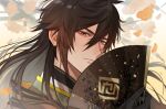  1boy black_gloves brown_eyes brown_hair chinese_clothes closed_mouth commentary genshin_impact geo_symbol_(genshin_impact) gloves hair_between_eyes hand_fan highres holding holding_fan long_hair male_focus multicolored_hair rea_m311ow solo third-party_edit zhongli_(genshin_impact) 