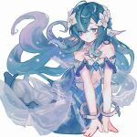  1girl ahoge aqua_hair bare_shoulders blue_eyes blush choker collarbone commentary_request crop_top crossed_bangs cuffs detached_sleeves eyelashes fins floating_hair flower frilled_choker frills genshin_impact grey_choker hair_between_eyes hair_flower hair_ornament half-closed_eyes head_fins highres jewelry long_hair looking_at_viewer merfolk mermaid monster_girl necklace open_mouth pearl_hair_ornament short_sleeves simple_background solo tank_top uouo_cookie very_long_hair vodyanitsa_(genshin_impact) wavy_hair white_background white_flower white_sleeves white_tank_top 