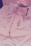  1girl absurdres anus ass bar_censor black_wings blue_archive blush breasts censored clitoral_stimulation closed_eyes commentary_request completely_nude feathered_wings female_masturbation fingering halo head_on_pillow head_wings highres koharu_(blue_archive) krixxis4 lying masturbation medium_hair navel nipple_stimulation nipples nude on_back on_bed open_mouth partial_commentary pillow pink_hair pink_halo pussy pussy_juice shadow small_breasts solo spread_legs spread_pussy stomach twintails winged_halo wings 