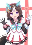  1girl absurdres animal_ears asymmetrical_gloves beret blush bow braid breasts brown_hair commentary_request ear_covers gloves half_gloves hands_up hat highres hokko_tarumae_(star_light_ship)_(umamusume) hokko_tarumae_(umamusume) horse_ears horse_girl horse_tail jacket long_hair looking_at_viewer mashiroken07 medium_breasts mismatched_gloves multicolored_hair open_mouth plaid_clothes plaid_sailor_collar purple_eyes sailor_collar skirt smile solo streaked_hair striped_bow tail teeth twin_braids umamusume upper_teeth_only very_long_braid white_hair white_hat white_jacket white_skirt white_streaks 
