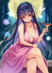  1girl absurdres alternate_costume bamboo bamboo_forest black_hair blush breasts cleavage cocktail_glass commentary_request crossed_legs cup dress drink drinking_glass forest full_moon grin hepta343 highres holding holding_cup houraisan_kaguya large_breasts long_hair looking_at_viewer moon nature night outdoors pink_dress pink_nails red_eyes signature sleeveless sleeveless_dress smile solo thighs touhou very_long_hair 