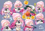  1girl beanie black_neckerchief boots candy clenched_hands commentary_request egg fangs fingersmile food frown gloves green_gloves grey_background gun happy hat heart holding holding_candy holding_food holding_gun holding_lollipop holding_weapon inkling inkling_girl inkling_player_character lollipop long_hair multiple_views neckerchief orange_overalls overalls pink_hat pointy_ears rubber_gloves salmon_run_(splatoon) shirt sparkle splatoon_(series) splatoon_2 splattershot_pro_(splatoon) tentacle_hair weapon white_boots white_shirt yoshishi_(yosisitoho) 