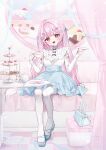  1girl absurdres amehoshi_kiseki bag black_bow blue_bag blue_ribbon blue_shoes blue_skirt blush booth_seating bow cake candy checkerboard_cookie commission cookie cup detached_sleeves diamond-shaped_pupils diamond_(shape) food frilled_shirt frilled_skirt frills fruit full_body hair_intakes hair_ornament hair_ribbon heart-shaped_window high-waist_skirt highres holding holding_cup holding_plate holding_saucer indoors iriam lollipop long_hair looking_at_viewer macaron miko_suuuuu open_mouth pantyhose pink_hair plate pretzel qr_code razz_production red_eyes ribbon round_table saucer shirt shirt_bow shoes signature sitting skirt solo star_(symbol) star_hair_ornament strawberry symbol-shaped_pupils table tea teacup teapot thumbprint_cookie tiered_tray very_long_hair virtual_youtuber wavy_hair white_pantyhose white_shirt window x_hair_ornament 