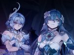  2girls bare_shoulders blue_hair commentary crossed_arms eefer_the_traveler english_commentary fins flower genshin_impact hair_flower hair_ornament hair_over_one_eye head_fins highres multiple_girls odette_(genshin_impact) purple_eyes short_hair upper_body vodyanitsa_(genshin_impact) white_flower 