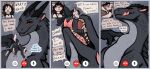 absurd_res anthro anthro_prey barefoot begging_to_stop black_body black_bottomwear black_clothing black_hair black_pants black_scales blush blush_lines bodily_fluids bottomwear canid canine canis clothed clothing collar comic crying darkdraconica dialogue domestic_cat dragon drooling english_text european_mythology feet feet_first felid feline felis female female_pred feral feral_pred forked_tongue fully_inside group gulp_(sound_effect) hair hand_on_mouth hand_on_neck head_horn hi_res horn hud in_mouth larger_female larger_feral larger_pred lifting_another male male_prey mammal mythological_creature mythological_scalie mythology name_in_dialogue neck_bulge neck_spikes oral_vore pants partially_inside saliva saliva_string scales scalie sharp_teeth shocked size_difference smaller_anthro smaller_male soft_vore speech_bubble struggling struggling_prey suit swallowing tail tail_grab tears teeth text tongue trio url video_call vore western_dragon wolf