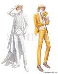  1boy ahoge belt blonde_streaks bouquet brown_hair brown_necktie brown_shoes cape closed_mouth collared_shirt commentary_request company_name copyright_notice cuff_links double-parted_bangs dress_shoes eyeshadow fedora flower full_body fushimi_gaku gem gerbera gloves groom hair_between_eyes hair_flaps hand_in_own_hair hand_in_pocket hand_on_own_head hat holding holding_bouquet jacket jewelry lapels legs_apart long_sleeves looking_at_viewer low_ponytail makeup male_focus medium_hair mole mole_under_eye multicolored_hair multiple_views necklace necktie nijisanji nonon_813 official_alternate_costume official_art open_clothes open_jacket oxfords pants parted_lips peaked_lapels pearl pearl_necklace pink_flower plaid_clothes plaid_jacket plaid_pants plaid_suit ponytail red_eyeshadow ribbon sample_watermark shirt shoes side-by-side side_cape sideways_glance simple_background slit_pupils smile standing streaked_hair suit suit_jacket tuxedo_shirt vest virtual_youtuber wallet_chain watermark white_background white_belt white_cape white_gloves white_jacket white_necktie white_pants white_ribbon white_shirt white_shoes white_suit white_vest wingtip_collar yellow_eyes yellow_flower yellow_hat yellow_jacket yellow_pants yellow_suit yellow_vest 