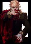  1boy alternate_costume ascot black_shirt blonde_hair blood blood_on_face blood_on_hand claws collared_shirt commentary_request dio_brando fangs gold_trim high_collar jojo_no_kimyou_na_bouken kiki_(re_6xxx) long_sleeves male_focus phantom_blood red_eyes red_scarf red_shawl scarf shawl shirt short_hair simple_background solo_focus 