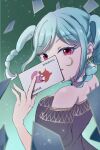  1girl aqua_hair bare_shoulders braid card commentary_request crescent crescent_facial_mark earrings eyelashes facial_mark fingernails glint green_background highres holding holding_card jewelry joker_(playing_card) love_live! love_live!_superstar!! medium_hair onitsuka_tomari playing_card red_eyes sidelocks smile solo twin_braids twintails yu_lettuce 