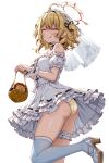  1girl :q ahoge alternate_costume ass bag blonde_hair blue_thighhighs blush breasts bridal_veil closed_eyes closed_mouth dress foot_out_of_frame frilled_dress frilled_sleeves frilled_thigh_strap frills halo handbag highres hinata_mashu holding holding_bag large_variant_set medium_breasts miso_panda nanashi_inc. off-shoulder_dress off_shoulder orange_halo panties ribbon-trimmed_dress ribbon_trim shoes short_hair short_sleeves simple_background smile solo standing standing_on_one_leg thigh_strap thighhighs tongue tongue_out transparent_background two_side_up underwear variant_set veil virtual_youtuber wedding_dress white_dress white_shoes wrist_cuffs yellow_panties 