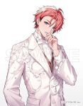  1boy ahoge akagi_wen black_streaks blue_eyes bow bowtie commentary_request company_name copyright_notice curtained_hair ear_chain earrings frilled_sleeves frills gauze gauze_on_cheek gem gold_earrings groom hair_behind_ear hair_between_eyes hand_to_own_mouth hand_up holding holding_jewelry jacket jewelry lapels linked_piercing long_sleeves looking_at_viewer male_focus multicolored_hair nijisanji notched_lapels official_alternate_costume official_art ozaki_domino parted_lips pearl piercing pink_hair print_jacket red_vest sample_watermark shirt short_hair side_part sideways_glance simple_background solo streaked_hair suit suit_jacket teardrop-shaped_gem traditional_bowtie tuxedo_shirt undercut upper_body v-shaped_eyebrows vest virtual_youtuber watermark white_background white_bow white_bowtie white_gem white_jacket white_shirt white_suit wingtip_collar 