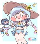  2girls :3 bikini blue_hair blush_stickers braid chibi chibi_only commentary_request dolphin dragon_girl frilled_bikini frills hat highres horns long_hair muffin_top multicolored_hair multiple_girls naia_(trickcal) pink_hair silphir_(trickcal) simple_background solid_oval_eyes splashing straw_hat suwa_yasai swimsuit trickcal twin_braids two-tone_hair water water_gun 