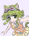  1girl absurdres animal_ears bare_shoulders beeebx blush cat_ears goggles goggles_on_head green_eyes green_hair gumi hair_between_eyes heart heart_necklace highres jewelry looking_at_viewer necklace off_shoulder orange_vest pendant shirt short_hair smile solo upper_body vest vocaloid 