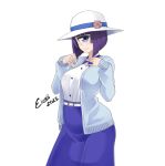  1girl aqua_jacket artist_name blue_eyes blue_skirt breasts closed_mouth commentary_request cyclops dated eyebrows_hidden_by_hair flower hat hat_flower high-waist_skirt highres jacket looking_at_viewer manako medium_breasts medium_hair monster_girl monster_musume_no_iru_nichijou okumura_eichii one-eyed purple_hair shirt simple_background skirt smile solo white_background white_hat white_shirt 