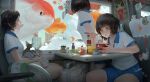  3girls absurdres apple black_hair blue_shorts building cat chopsticks cola commentary_request day eating fish flying_fish food fruit highres holding holding_chopsticks instant_cup_noodles instant_noodles looking_outside multiple_girls original shirt short_hair shorts sitting skyscraper suitcase surreal train_interior weber white_shirt window 