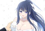  1boy 1girl bare_shoulders blue_archive blue_eyes blue_hair blue_halo blunt_bangs bow bow_choker breasts choker choppy_bangs cleavage collarbone colored_inner_hair commentary_request confetti dress elbow_gloves eyes_visible_through_hair floating_hair gloves hair_bow halo hand_up happy happy_birthday high_ponytail highres huge_breasts light_blush long_hair long_sidelocks looking_at_another looking_at_viewer multicolored_hair official_alternate_costume open_mouth out_of_frame overlighting ponytail saori_(blue_archive) saori_(dress)_(blue_archive) shigure_ryuunosuke sidelocks simple_background solo_focus strapless strapless_dress textless_version upper_body variant_set white_background white_bow white_choker white_dress white_gloves 
