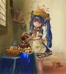  1girl absurdres apron basket blue_archive blue_hair bread collared_dress commentary cup dress fine_art_parody food frilled_dress frills fuuka_(blue_archive) halo headscarf highres indoors long_hair mug necktie parody pitcher_(container) pouring red_eyes red_halo short_dress short_sleeves solo table tablecloth the_milkmaid twintails two-tone_necktie white_apron window yellow_headscarf yubanayuna 