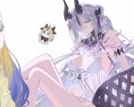  1girl arknights bikini breasts character_doll doll feet_out_of_frame green_eyes grey_hair hair_over_one_eye krgk_sc2 long_hair looking_at_viewer medium_breasts necrass_(arknights) necrass_(summer_flowers)_(arknights) official_alternate_costume one_eye_covered ponytail reed_(arknights) reed_(young)_(arknights) simple_background sitting smile solo swimsuit very_long_hair white_background white_bikini 
