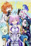  +_+ 1boy 2girls 2others :3 :d absurdres ahoge armchair armor armored_leotard bare_shoulders black_gloves black_hair black_pants blue_background blue_crown blush boobplate bow bowtie breastplate breasts chair child chinese_clothes closed_eyes colored_inner_hair colored_skin command_spell commentary_request con_(fate) coronation creature crown dress earrings eyes_visible_through_hair eyeshadow fate/grand_order fate_(series) faulds fluffy_tail fou_(fate) fujimaru_ritsuka_(female) fujimaru_ritsuka_(female)_(decisive_battle_chaldea_uniform) gauntlets gloves gorget grand_servant_(fate/grand_order) green_eyes green_hair green_skin hair_between_eyes hair_over_one_eye hair_rings halo hands_on_own_knees highres jacket jewelry large_breasts leotard long_hair long_pointy_ears long_sleeves looking_at_another makeup male_focus mash_kyrielight mash_kyrielight_(paladin) medium_hair messy_hair multicolored_hair multiple_girls multiple_others nao_oppaisukiii on_chair one_eye_closed open_mouth orange_hair pale_skin pants partial_commentary pink_hair pointy_ears purple_eyes purple_hair red_bow red_bowtie red_eyeshadow red_ribbon ribbon short_hair silver_gloves simple_background sitting smile standing tail taisui_xingjun_(fate) text_background tooth_earrings two-tone_hair very_long_hair very_long_tail white_armor white_dress white_fur white_jacket yellow_text 