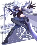  1girl abs absurdres assault_rifle baseball_cap black_gloves black_hair black_hat black_mask blue_archive blue_eyes blue_hair blue_halo breasts coat colored_inner_hair commentary_request crop_top gloves gun halo hat highres holding holding_gun holding_weapon knife kurosaki_saya large_breasts long_hair looking_at_viewer mask mouth_mask multicolored_hair navel open_clothes open_coat rifle saori_(blue_archive) sig_516 sig_sauer solo thigh_sheath throwing throwing_knife weapon white_coat 