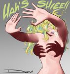  1girl absurdres boku_no_hero_academia breasts closed_eyes colored_eyelashes completely_nude english_commentary green_hair hagakure_toru hand_shadow_covering_breasts_(meme) highres large_breasts long_hair meme messy_hair mrdark_(tkgc3532) multicolored_hair navel no_nipples nude open_hands open_mouth outstretched_arms shadow_censor sneezing solo upper_body 