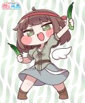  1girl belt boots brown_boots brown_hair chibi commentary_request cucumber detached_wings food green_eyes green_shirt green_skirt headband highres kyuri_(trickcal) looking_at_viewer open_mouth puffy_short_sleeves puffy_sleeves red_headband shirt short_hair short_sleeves skirt solo suwa_yasai trickcal wings 