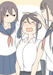  >_< 3girls azusa_(juukyuu) bare_arms blue_sailor_collar blue_skirt blush breasts brown_background brown_hair brown_neckerchief chair closed_eyes closed_mouth collared_shirt commentary_request crying dress_shirt grey_skirt headpat juukyuu long_hair low_twintails medium_breasts multiple_girls mutsumi_(juukyuu) neckerchief nose_blush office_chair on_chair one_side_up original pleated_skirt sailor_collar shiho_(juukyuu) shirt sitting skirt sleeveless sleeveless_shirt small_sweatdrop solid_circle_eyes sweat swivel_chair tears twintails two-tone_background white_background white_shirt 