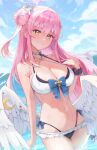  1girl angel_wings bikini black_scrunchie blue_archive blue_bow blush bow breasts choker chunsick_lee cleavage commentary criss-cross_halter dutch_angle feathered_wings flower grin hair_bun hair_flower hair_ornament halo halterneck hand_up highres large_breasts layered_bikini long_hair looking_at_viewer low_wings mika_(blue_archive) navel outdoors pink_hair pink_halo scrunchie single_side_bun smile solo swimsuit wading white_bikini white_choker white_wings wing_ornament wings wrist_scrunchie yellow_eyes 