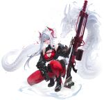  1girl absurdres bag bare_shoulders black_boots black_gloves black_jacket black_shorts boots breasts cleavage commentary covered_collarbone crop_top cropped_jacket dragon dragon_girl dragon_horns drum_magazine elbow_gloves english_commentary full_body gloves gun hair_intakes heavy_machine_gun highres holding holding_gun holding_weapon horns jacket large_breasts legs long_hair long_sidelocks long_sleeves looking_at_viewer machine_gun magazine_(weapon) mole mole_under_eye open_mouth original pantyhose pouch red_eyes red_horns red_pantyhose seo_l_(f2dca50e59c346) short_shorts shorts sidelocks simple_background smile solo squatting thighs very_long_hair weapon white_background white_hair 