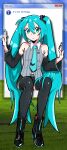  1girl absurdres aqua_eyes aqua_hair bare_shoulders belt black_boots black_skirt black_sleeves black_thighhighs blue_belt blue_nails blue_necktie blue_sleeves blue_theme boots collared_shirt detached_sleeves full_body grey_shirt hair_between_eyes hand_on_wall hatsune_miku hatsune_miku_(vocaloid6) highres long_hair looking_at_viewer marker_(artzalea_) microsoft_windows midriff_peek multicolored_thighhighs necktie open_mouth shirt sitting skirt sleeveless sleeveless_shirt solo striped_clothes striped_shirt thighhighs twintails two-tone_sleeves two-tone_thighhighs very_long_hair vocaloid window_(computing) 