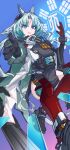  1girl animal_ears arcane_(arknights) arknights arknights:_endfield armor bagua black_gloves blue_eyes blue_hair breasts chinese_commentary commentary_request facial_mark forehead_mark gloves head_wings horse_ears jacket long_hair looking_at_viewer nick_8 solo tattoo thighhighs trigram wings 